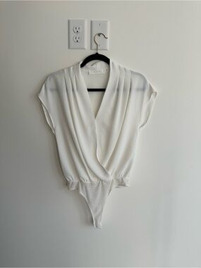 Astr White Draped Sheer Bodysuit